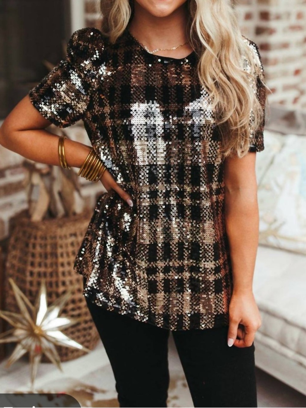 THML Gold and Black Sequin Short Sleeve Top NEW Sz XS